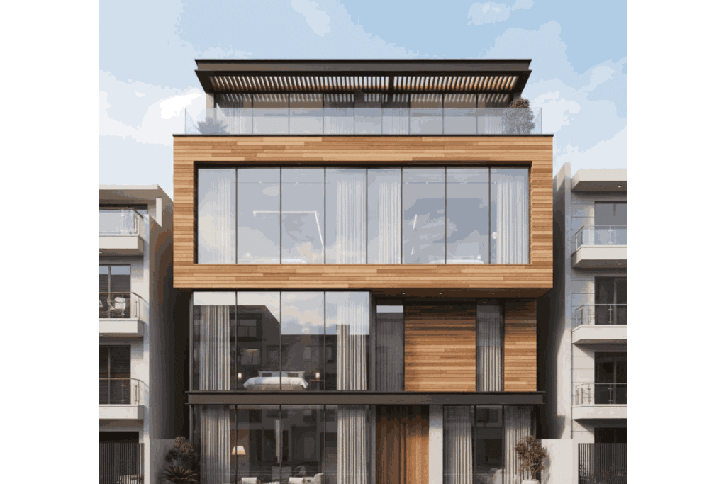 Kombinasi Kaca Panel Lebar dan Wood Plank